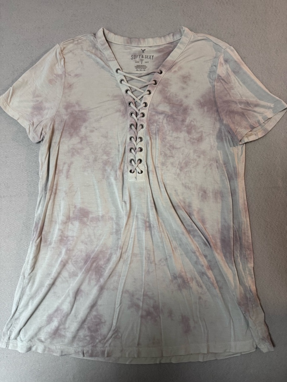 American Eagle Outfitters Lace-Up Tie-Dye Short Sleeve Top - Light Purple/White